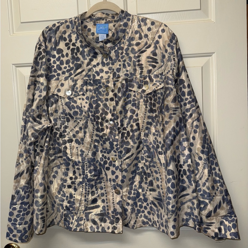 LARK LANE Women’s 24/W long/roll tab sleeve metallic animal print blouse top EUC